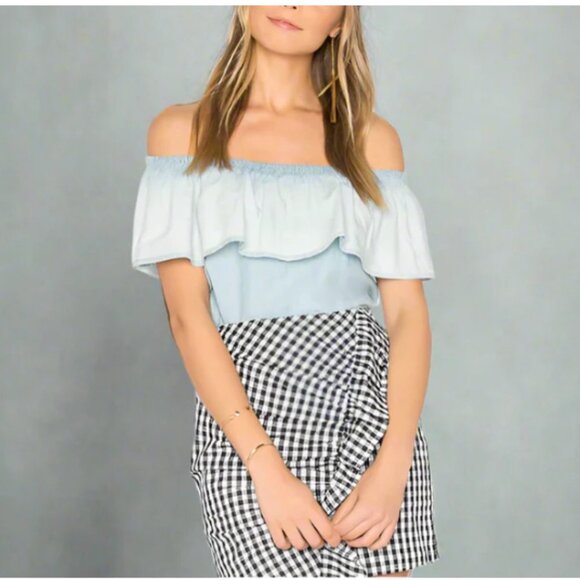 Joie Off Shoulder Ruffle Chambray Top Womens Blue Cotton Lyocell Blouse. - Picture 1 of 4